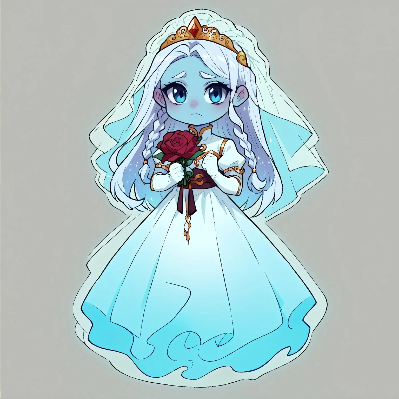 8k, score_9, score_8_up, score_7_up, Chibi, Chibi Body, Chibi Art Style, full body portrait, masterpiece, outline, transparent background, 1girl, woman, broad shoulders, slim waist, lean, big biceps, young, handsome, cute face, ghostly, ghostly aura,
(long white hair, braided hair), glowing blue eyes, blue skin, ethereal glow, ghostly visage, ((ghost)),
white weddings dress, high collar, trim, white puffed sleeves, chains around body, ornate thighhighs, long gloves, intricate sash, wedding veil, sad face,
holding rose,
Stickers, Sticker, dynamic pose