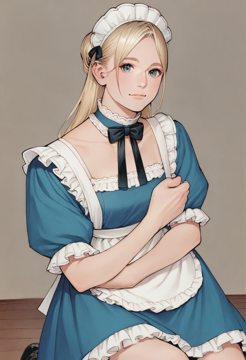 source_anime, score_9, score_8_up, score_7_up, 1girl, solo, Kneeling and pretending to propose with an oversized ring, panorama, (Cyan maid uniform), blond_hair, very wide shot, rating_safe, <lora:sdxl\pony diffusion\artist_styles\izayoi_seishin_pony:1.0>