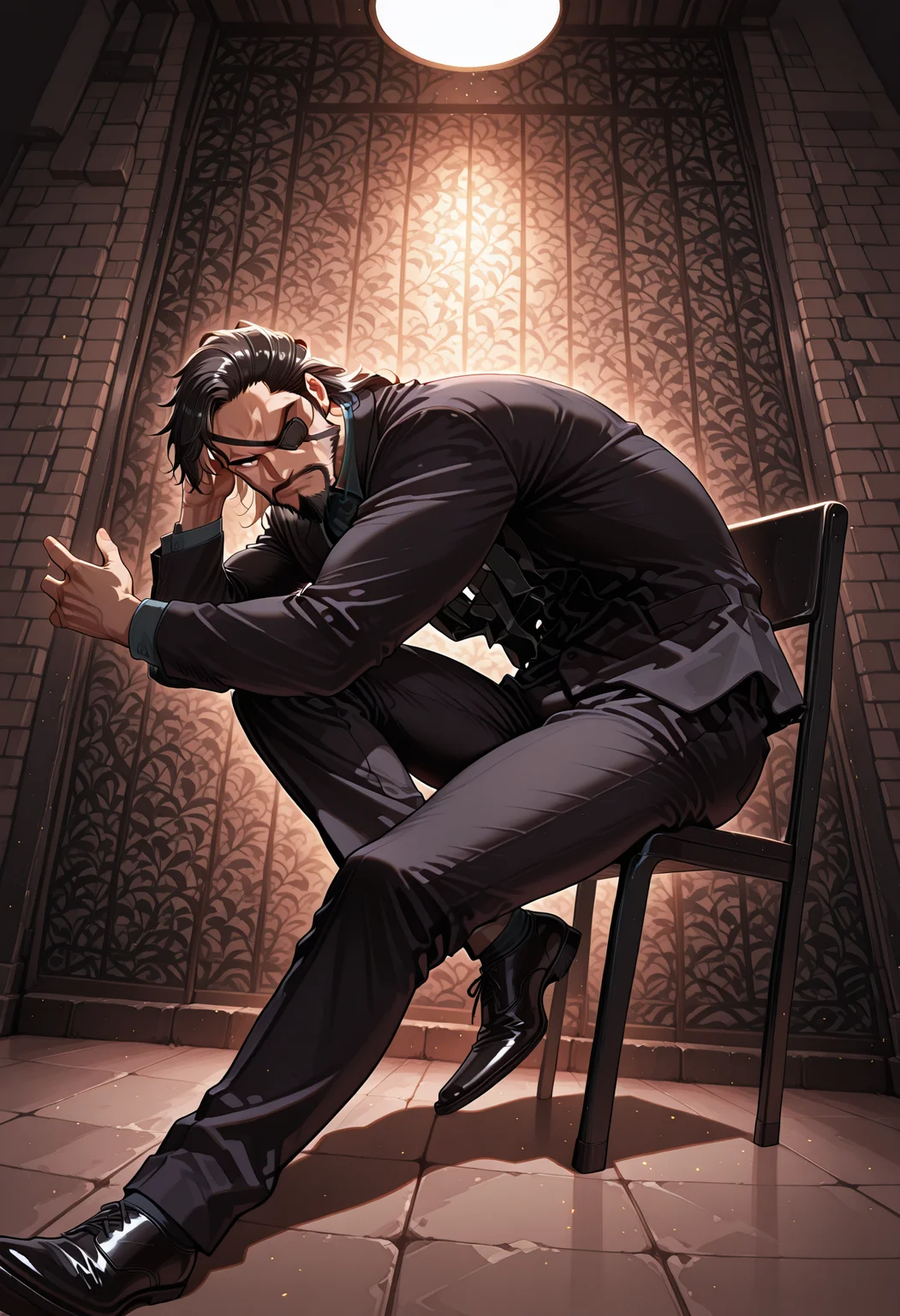 1boy, XiahouDun, black hair, half swept back hair, black eyes, full beard with goatee, mature muscle male, eyepatch on left eye, business suit,
exagg3rat3dp0s3, sitting, exaggerated pose, dynamic pose, full body, sitting on chair,
detailed eyes, great lighting, indoor, grey plain wall, dark, spot light, dynamic angle,
masterpiece, best quality, amazing quality,
<lora:Exaggerated_Dynamic_Fashion_Pose-000010:1.2>, <lora:NAI_QualityV1.1:0.2>, <lora:XiahouDun_-_Dynasty_Warriors:0.8>
