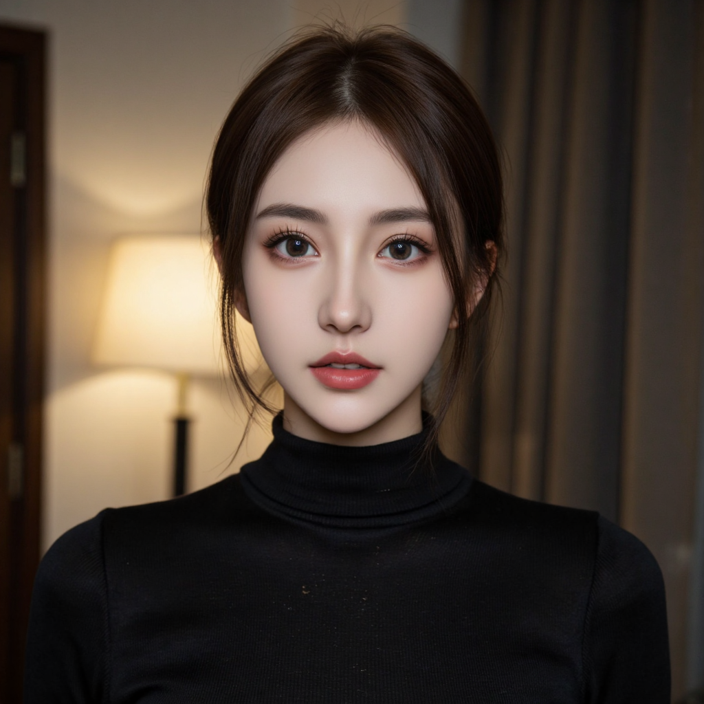 llz,film portrait photo of young asian stylish woman in turtleneck,under the camera flash light,