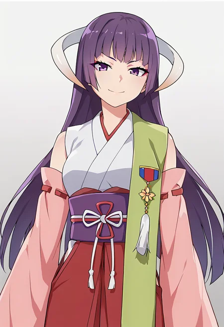 score_9, score_8_up, score_7_up, source_anime, eua, 1girl, solo, japanese clothes, detached sleeves, purple eyes, long hair, purple hair, hakama, hakama skirt, red hakama, horns, skirt, hime cut, miko, smile, looking at viewer, <lora:Eua xl pony:0.7>, gradient background, gray background, simple background, ribbon trim, long ribbon