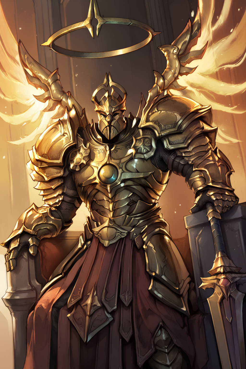 score_9, score_8_up, score_7_up, masterpiece, high quality, BREAK
 <lora:ImperiusPonyLoRA:1>imprius, helmet, pauldrons, halo, angel, breastplate, gauntlets, skirt, faulds, wings, sitting on a golden throne, polearm, glowing, angle wings