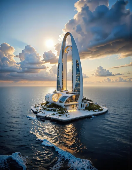 Futura. A photo-realistic shoot from a bird's-eye view about a futuristic floating city in the middle of the ocean during sunset. the image also shows a serene ocean with calm waves. on the center of the image, a tall, futuristic building with a unique architectural design stands out against the calm blue water. the building has a sleek, modern design with curved, angular edges and a circular, circular opening at the top. it is illuminated by bright, glowing lights, creating a dramatic effect. the sky is filled with fluffy, white clouds, and the sun is shining brightly in the background, casting a warm glow over the scene. the overall atmosphere is peaceful and serene, with a sense of calmness and tranquility. <lora:Futura:0.9> <lora:Another_Earth:0.6> <lora:Fluxartis_Photography:0.6> <lora:Synesthesia:0.4>
