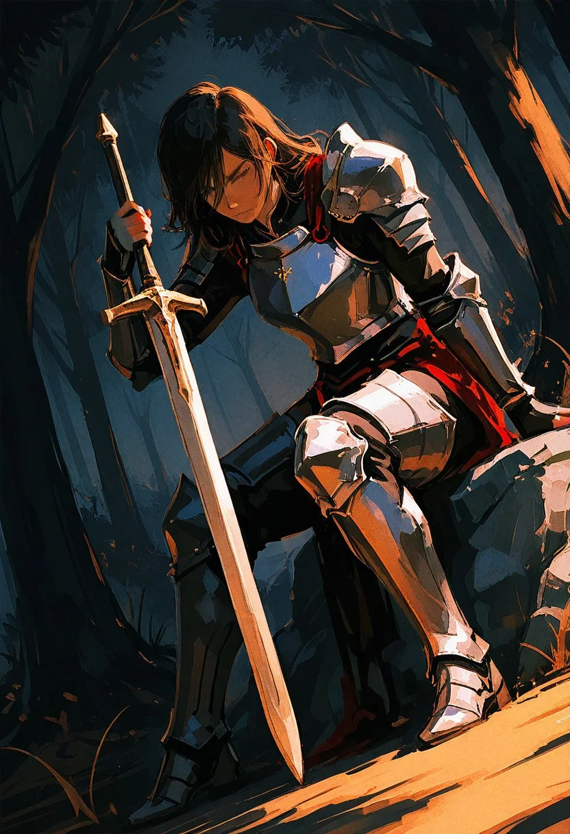 film grain, realistic, sketch,
masterpiece, best quality, amazing quality,
cinematic, dynamic angle, dutch angle, warrior, plate armor, large sword, resting on stone, sun shaft, forest, evening,
(deep forest background:1.1), simple background, dark theme,
<lora:YTSKX-WAI:0.8> <lora:ponyv6_vpred6:0.3>