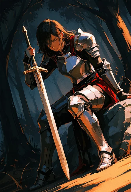 film grain, realistic, sketch, 
masterpiece, best quality, amazing quality,
cinematic, dynamic angle, dutch angle, warrior, plate armor, large sword, resting on stone, sun shaft, forest, evening,
(deep forest background:1.1), simple background, dark theme,
<lora:YTSKX-WAI:0.8> <lora:ponyv6_vpred6:0.3>