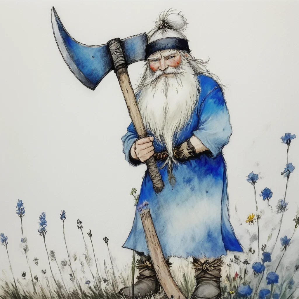<lora:Blue_Watercolor_DreamscapeSDXL:1> ArsMJStyle, Blue Watercolor Dreamscape, The image is a watercolor illustration of an old man with a long white beard and a long hat. He is wearing a blue tunic and boots and is holding an axe in his right hand. The man appears to be standing in a field of tall grass and wildflowers. The illustration is done in a realistic style with loose brushstrokes and vibrant colors. The overall mood of the image is peaceful and serene., 1boy, male focus, solo, flower, weapon, beard, facial hair, axe, traditional media, white hair