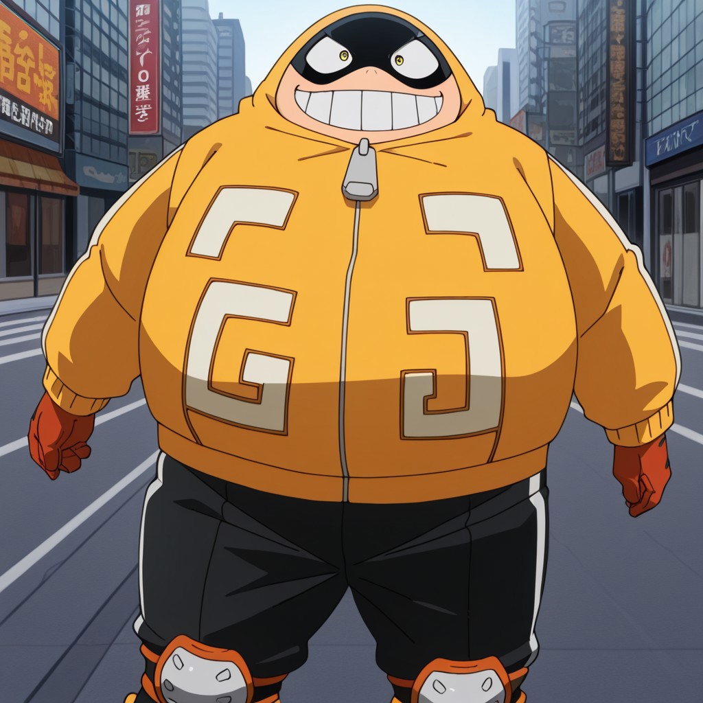 fatgum, male, overweight, black mask, yellow jacket, black track pants, boots, knee pads, gloves, hood up, yellow eyes, zipper pull tab, masterpiece, best quality, absurdres, newest, perfect quality, detailed background, intricate details, tokyo city, sunny, smile, anime coloring, high quality, detailed,