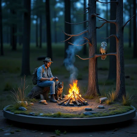 A miniature diorama of a traveler cooking at a campfire in the woods at night, standing next to some firewood. His dog sits beside him and his new friend, an owl, sits on a nearby tree branch. It's a magical night. <lora:Flux.1_Turbo_Detailer:0.7>, <lora:Diorama_Flux:1>