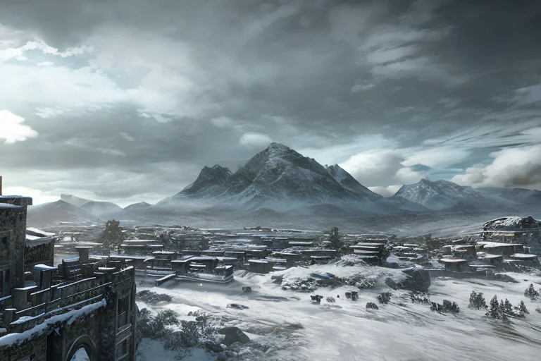 mountain top in the snow with a sky background and a mountain range in the distance, style_tombraider