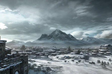 mountain top in the snow with a sky background and a mountain range in the distance, style_tombraider