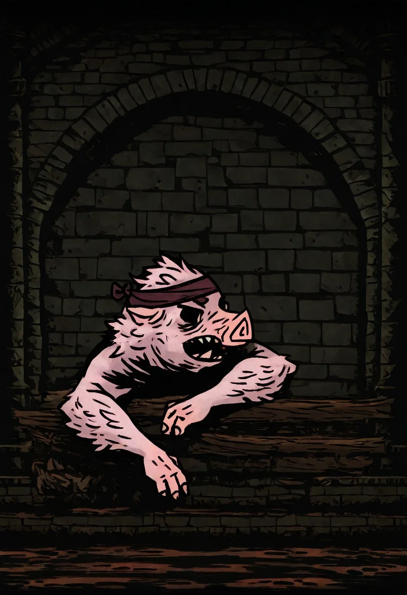 masterpiece, best quality, newest, absurdres, highres, DDstyle, official style, black eyes, shaded eyes, DDWarrens-BGV1.0, dark, scenery, indoors, 1boy, DD-SwinemanV1.0-SWilbur, pig, furry male, short, short posturę, pink skin, headband,