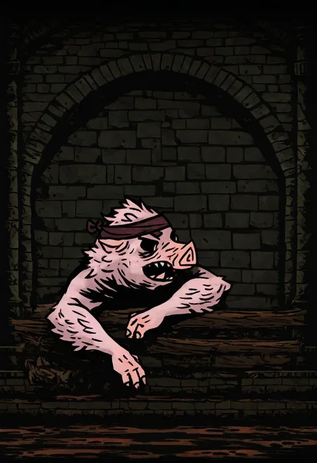 masterpiece, best quality, newest, absurdres, highres, DDstyle, official style, black eyes, shaded eyes, DDWarrens-BGV1.0, dark, scenery, indoors, 1boy, DD-SwinemanV1.0-SWilbur, pig, furry male, short, short posturę, pink skin, headband,