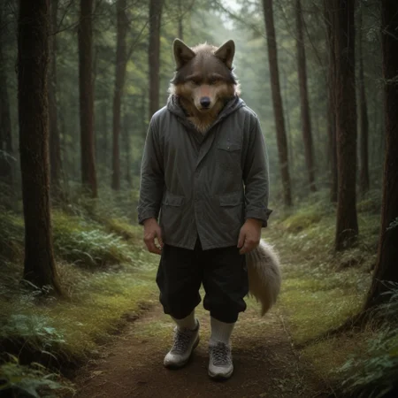 antro, 1boy, wolf, standing, in a forest background, UHD, score_8_up, score_9