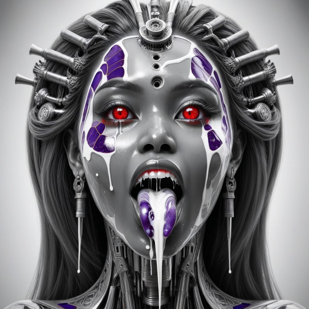 <lora:Kali_Yuga_Kali:1> kali, 
makeup, mechanical parts, long hair, facial, red eyes, purple themed, portrait, greyscale, cum, science fiction, white background, open mouth, african woman, psychedelic background, forked tongue, egyptian themed, cumsplash,  realistic