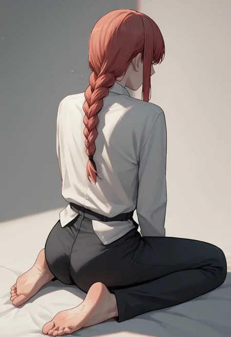 score_9, score_8_up, score_7_up, source_anime, 1girl, kneeling, spread legs, from behind, feet, makima \(chainsaw man\), black pants, <lora:Wariza 2-000009:1>