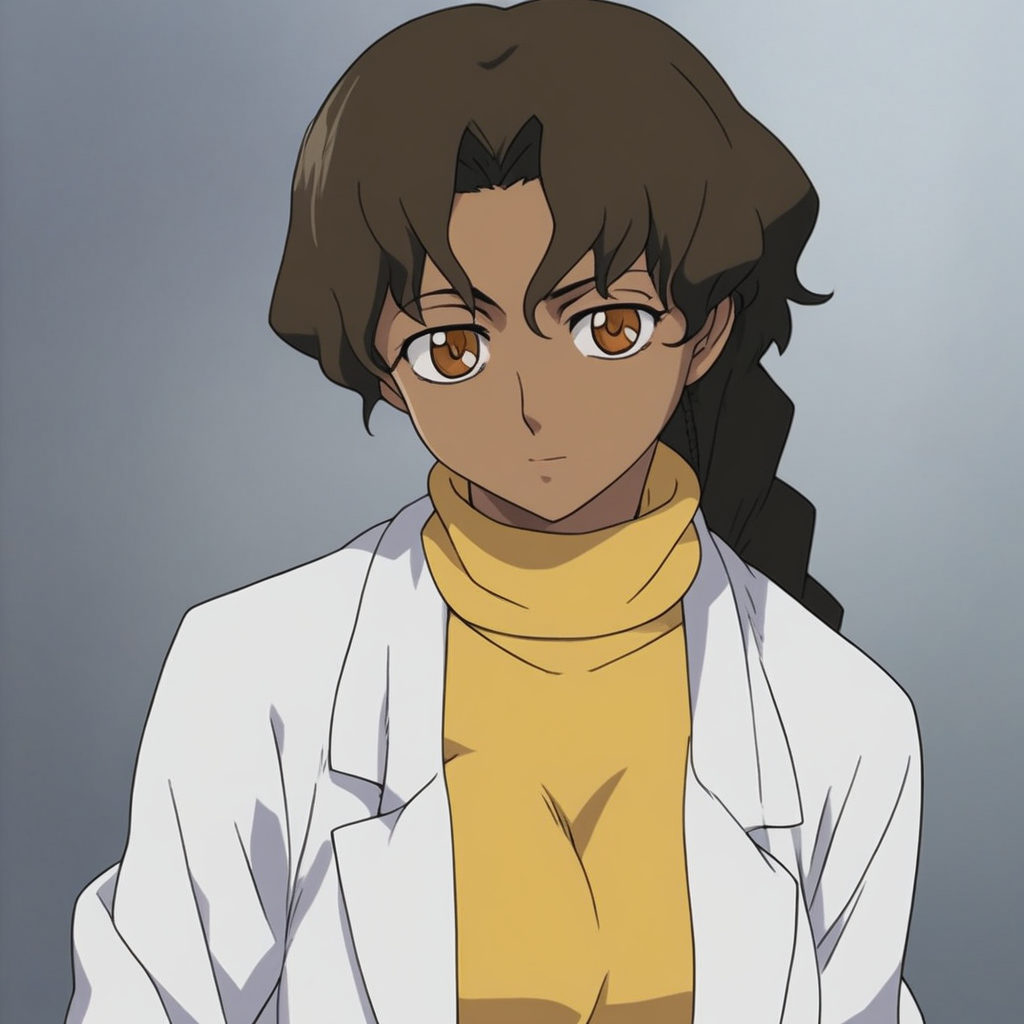 D4RK3RTH4NBL4CK, source_anime,  artist style:Urushihara Satoshi, source_hentai, source_anime,1woman, looking at viewer, facing viewer, score_9, score_8_up, score_7_up, score_6_up, mina_kandaswami, BREAK, 1girl, solo, (mina_kandaswami), dark_skinned_female, dark_skin, bindi, ponytail, braid, turtleneck_sweater, yellow_sweater, labcoat, perfect face, perfect eyes, sexy, sexy girl, seductive, beautiful eyes, petite body, wide hips, large breasts, posing, dynamic angle, retro_artstyle