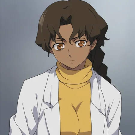 D4RK3RTH4NBL4CK, source_anime, artist style:Urushihara Satoshi, source_hentai, source_anime,1woman, looking at viewer, facing viewer, score_9, score_8_up, score_7_up, score_6_up, mina_kandaswami, BREAK, 1girl, solo, (mina_kandaswami), dark_skinned_female, dark_skin, bindi, ponytail, braid, turtleneck_sweater, yellow_sweater, labcoat, perfect face, perfect eyes, sexy, sexy girl, seductive, beautiful eyes, petite body, wide hips, large breasts, posing, dynamic angle, retro_artstyle