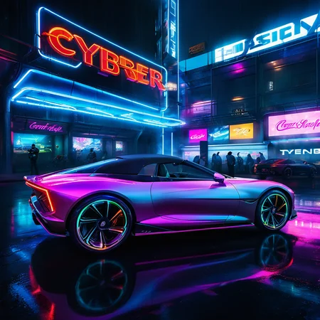 cyberster,(hood down:1.5),(open door:1.5),
A sleek,futuristic sports car with glowing neon accents parked in the center of a bustling cyberpunk plaza at night. The plaza is surrounded by towering skyscrapers adorned with vibrant holographic advertisements,neon signs,and digital billboards. The ground is wet,reflecting the intense colors of the neon lights. The atmosphere is filled with a mix of smoke and fog,adding to the moody and edgy vibe. Nearby,there are futuristic street vendors,people with cybernetic enhancements,and drones flying overhead,all contributing to the high-tech,dystopian environment.,
<lora:cyberster_SDXL_v1:1>,