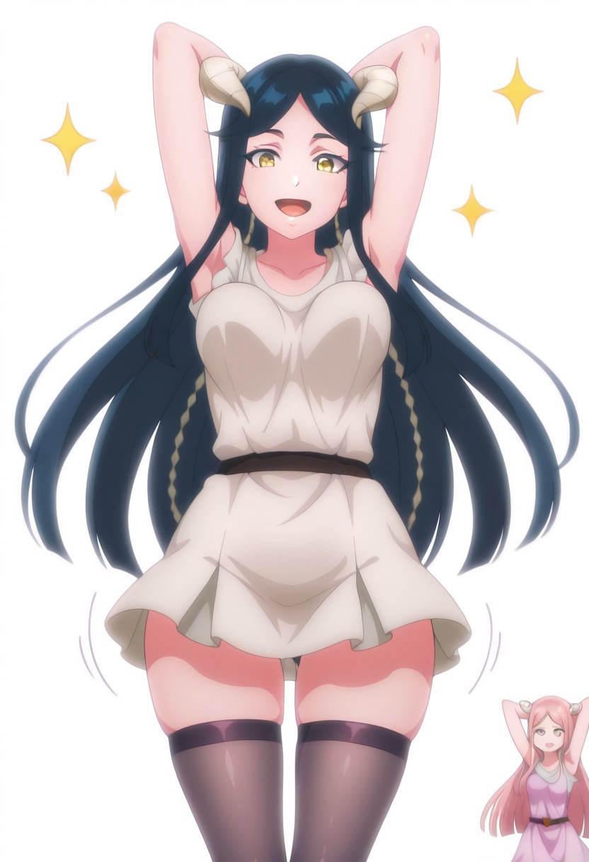 masterpiece, best quality, amazing quality,, <lora:saphira-maasa-s1-illustriousxl-lora-nochekaiser:1>, saphira maasa, long hair, black hair, very long hair, blue hair, yellow eyes, horns, sidelocks, mature female, medium breasts, anime screencap,, <lora:mememe-dance-illustriousxl-lora-nochekaiser:1>, mememe dance, me!me!me! dance (meme), dancing, bouncing, bouncing breasts, arms up, armpits, smile, open mouth, dress, sleeveless dress, miniskirt, looking at viewer, thighhighs,  ass shake,, ,
 , 
k4w4iim1r41,, 
, dynamic pose, foreshortening, looking at viewer, smile,