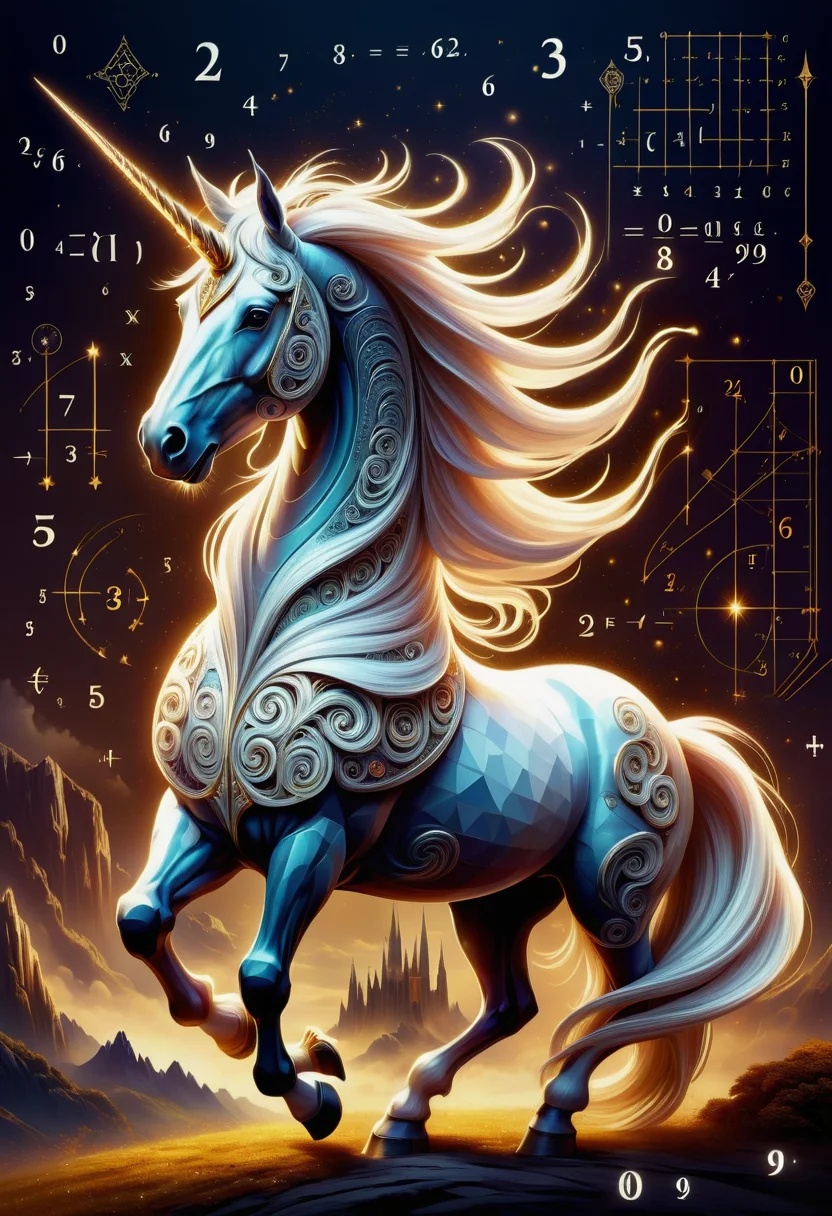 hyper detailed masterpiece, dynamic, awesome quality,DonMM4hM4g1cXL math magic,unicorn, mythical majestic horse creature, single horn, white colored long slender spiraled horn, elegant noble posture, gentle wise expression, purity, grace, magical, enchanting, <lora:DonMM4hM4g1cXL-000010:0.8>