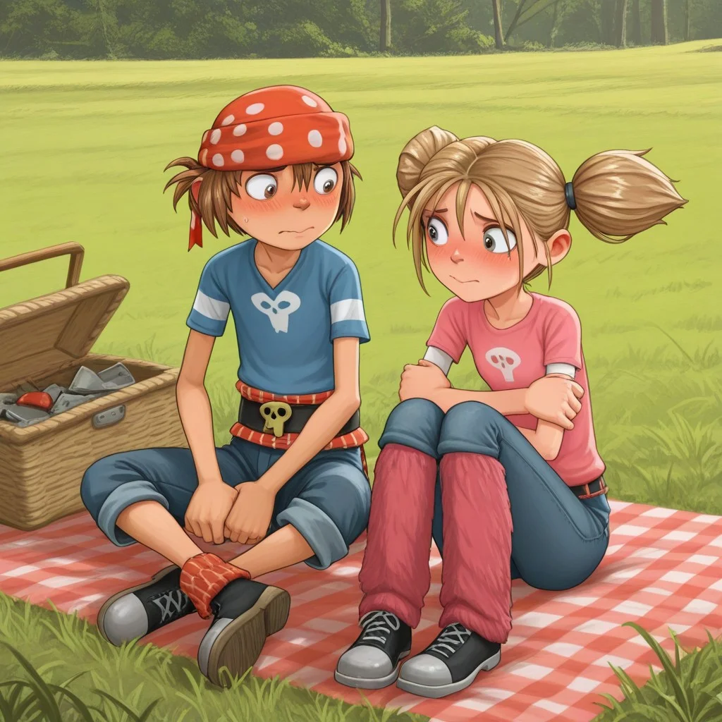 masterpiece, best quality, break, pnd, (1boy, jim_pnd, bandana), break, (1girl, matilda_pnd, twintails), sitting, grass, picnic, outdoors, natural lighting, hugging, looking at partner, blushing, shy,