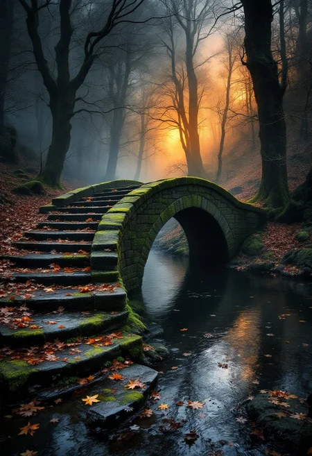 A stunning and atmospheric landscape photograph of a moss-covered stone bridge, arched and showing signs of age, spanning a dark, slow-moving stream in a mystical forest. The bridge is wet, with fallen reddish-brown leaves scattered on its stone steps, and the trees around it are shrouded in fog, creating a mysterious and slightly ominous atmosphere. A warm, orange light emanates from beyond the bridge, casting an eerie glow on the fog and the trees closest to it, while its reflection and the bridge's silhouette are visible in the still water, adding depth and tranquility to the scene. Despite the overall dark mood, the autumnal melancholy and quiet solitude of this secluded woodland setting exude a sense of beauty and magic. The photograph is sharply focused on the bridge and its surroundings, with a shallow depth of field blurring the background