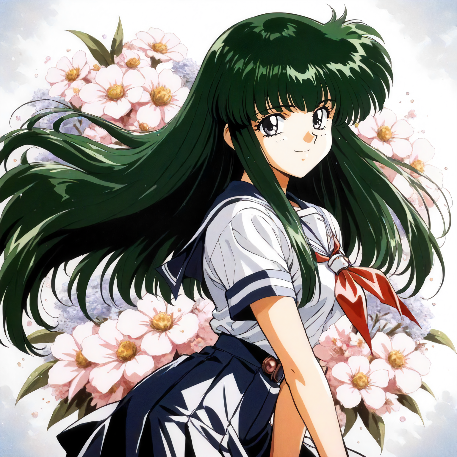 <lora:RC_masou_shizukaXLanimagine001:0.8>,
masterpiece,high score,great score,absurdres,
flower background,glitter,
smile,
looking at viewer,
solo,
anime coloring,retro artstyle,1990s (style),
masou_shizuka\(rance_series\),1girl,green hair,long hair,black grey eyes,
cowboy shot,standing,
serafuku,