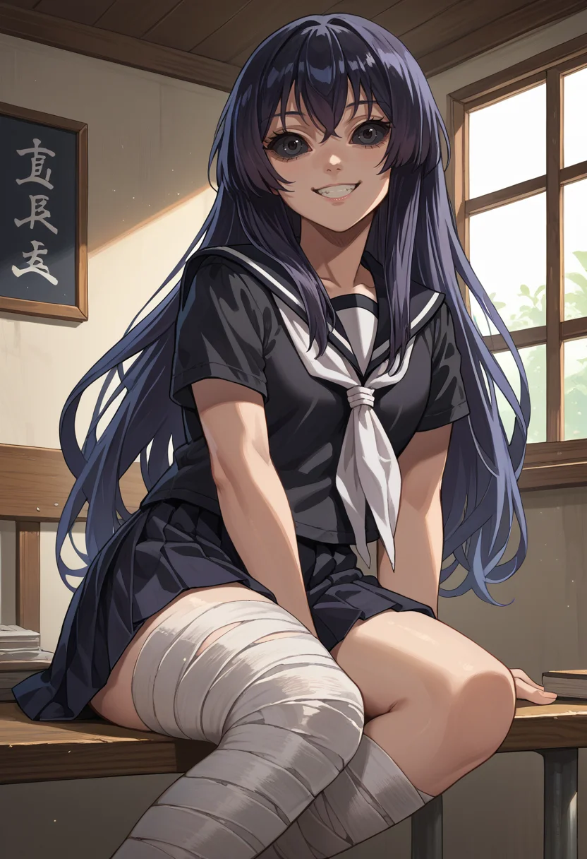 score_9, score_8_up, source_anime, 1girl, solo, KureKarura, black sclera, long hair, black serafuku, white neckerchief, black skirt, bandaged leg, smile, indoors, <lora:ChamKureKaruraPonyXL:1>
