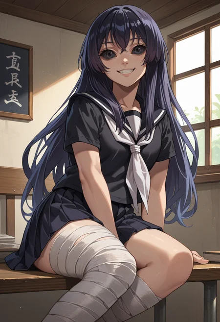 score_9, score_8_up, source_anime, 1girl, solo, KureKarura, black sclera, long hair, black serafuku, white neckerchief, black skirt, bandaged leg, smile, indoors, <lora:ChamKureKaruraPonyXL:1>
