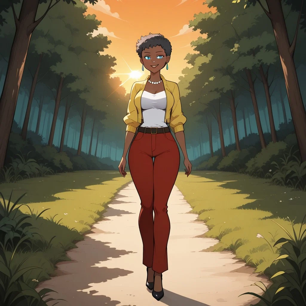 score_9, score_8, BREAK, solo, JackieODDH, 1girl, dark skin, dark skin female, dark grey hair, short hair, teal eyes, red lips, lipstick, earrings, pearl necklace, yellow jacket, white shirt, belt, red pants, dark yellow high heels, aged up, self portrait, smile, looking at viewer, outdoors, sunlight, shadows, evening lighting, natural lighting, forest, trees, grass, orange sky, sunset