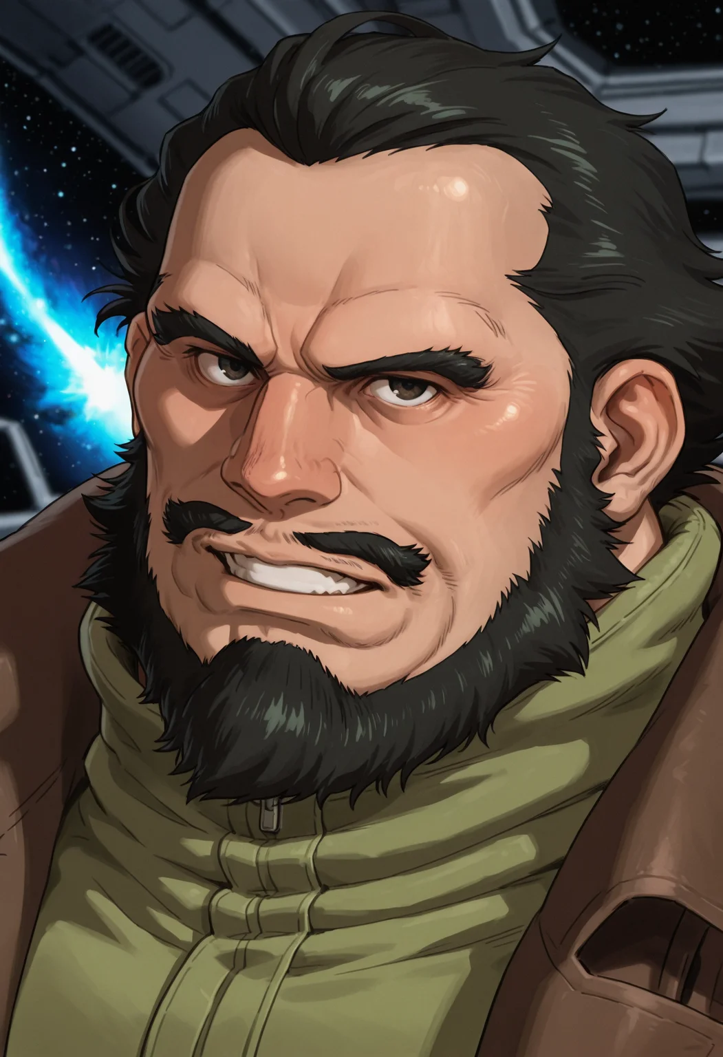 znnrmn, 1boy, solo, facial hair, beard, mustache, fat, green clothes, black_hair, brown_eyes, coat, head_tilt, looking_at_viewer, grin, depth_of_field, very awa, masterpiece, best quality, absurdres, newest, perfect quality, detailed background, intricate details, spacecraft, portrait, front light, bara, galaxy,