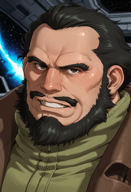 znnrmn, 1boy, solo, facial hair, beard, mustache, fat, green clothes, black_hair, brown_eyes, coat, head_tilt, looking_at_viewer, grin, depth_of_field, very awa, masterpiece, best quality, absurdres, newest, perfect quality, detailed background, intricate details, spacecraft, portrait, front light, bara, galaxy,