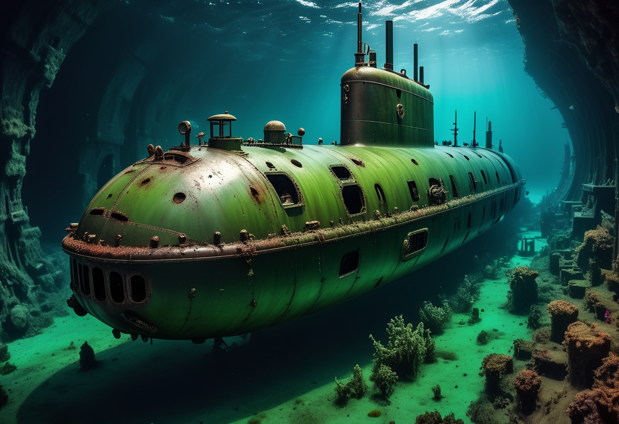 award winning, (professional photo) of (majestic compact dark-green submarine) with titanium-alloy hull, fuel cell propulsion,   the submarine is navigating through  a sprawling sunken ship graveyard, with rusted hulls, hidden treasures, curious fish, and an atmosphere of adventure, , creative, beautiful, vibrant, masterpiece, 64k, UHD, HDR, full view, atmospheric lighting, extremely detailed
