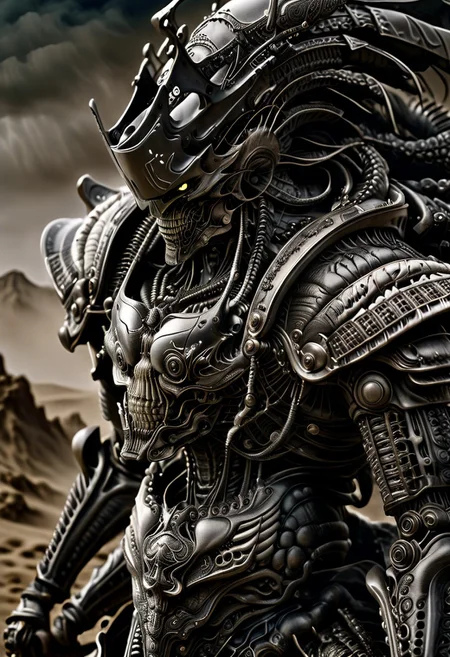 stunning, magnificent, HD, photorealistic, samurai, dramatic lighting, solo, standing alone in a desert, intricate details, intricate armor, intense gaze, mythical, legendary, powerful, ((dark, evening)), cinematic, close-up, art by hr giger,
armor, science fiction, no humans,
vintage painting,painting,realism,Americana art,artistic style