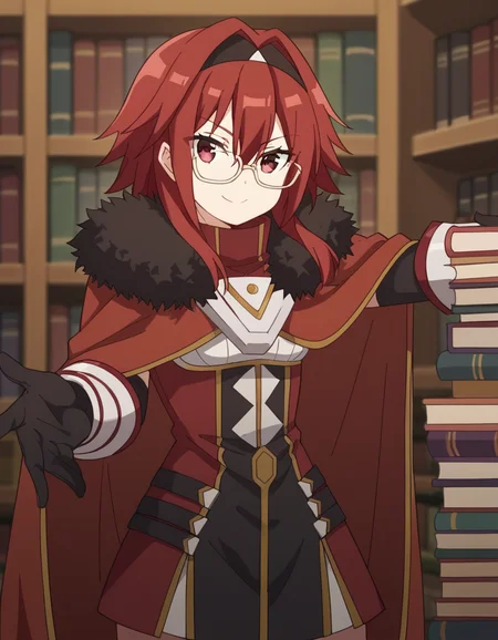 score_9, score_8_up, score_7_up, source_anime, <lora:bofuri-mii-s2-ponyxl-lora-nochekaiser:1>, mii, long hair, bangs, red eyes, hair between eyes, sidelocks, red hair, hairband, black hairband,, gloves, black gloves, cape, armor, fur trim, red cape,, library, reading books, glasses, quiet, focused, shelves of books, smile, looking at viewer, hand reaching forward, knee up, arm down, solo,, cowboy shot, dutch angle
