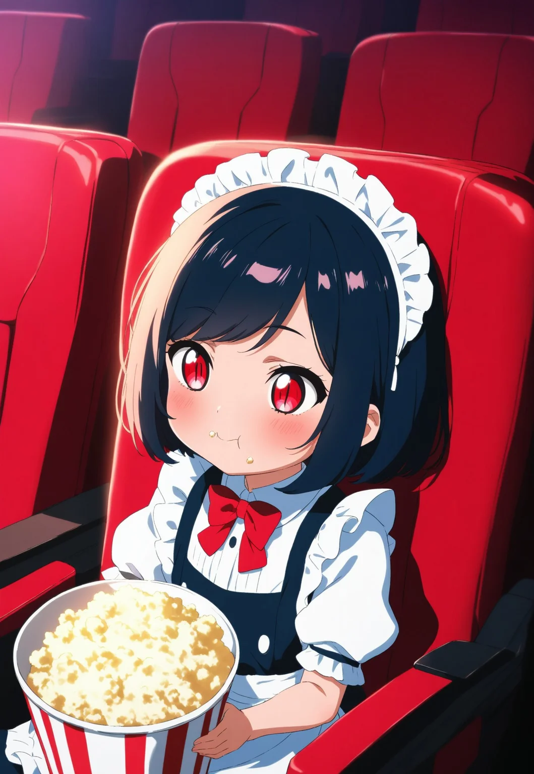 masterpiece, best quality, amazing quality, perfect face, crowded, 1child, bob cut, swept bangs, red eyes, slit pupils, cute child, maid outfit, red bow, maid headdress, sitting, eating popcorn,
indoors, movie theater, movie seat, popcorn, cute face, focused, solo focus, Prompt: (masterpiece), best quality, amazing quality, high quality, detailed, very detailed, intricate details, (absurdres), very aesthetic, dark lighting, safe, anime, Tru3color46, anime screencap