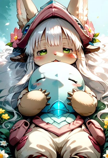 score_9, score_8_up, score_7_up, source_cartoon, 1girl, nanachi, \(made in abyss\)/,(ultra HD quality details), green eyes, white hair, furry, animal ears, tail, sidelocks, solo, adorable nanachi, sleeping on a flower, sleeping, (tiny size, sleeping:1.2), blushing, moaning, (puffy pants, helmet, long hair, ears through headwear:1.1), colorful detailed flower background, (detailed image, high resolution, 5k resolution:1.0), Expressiveh,