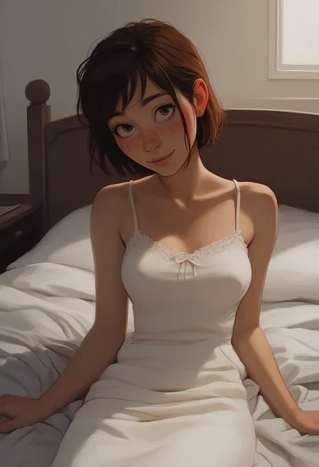 score_9, score_8_up, score_7_up, score_6_up, 1 girl ,cute perfect face, kawaii girl, short brown hair, freckles, sexy, petite, slim, skinny, slight smile, blushing, petite, innocent, medium breasts, jyojifuku,dress, camisole dress, bare shoulders, bedroom, s1_dram,