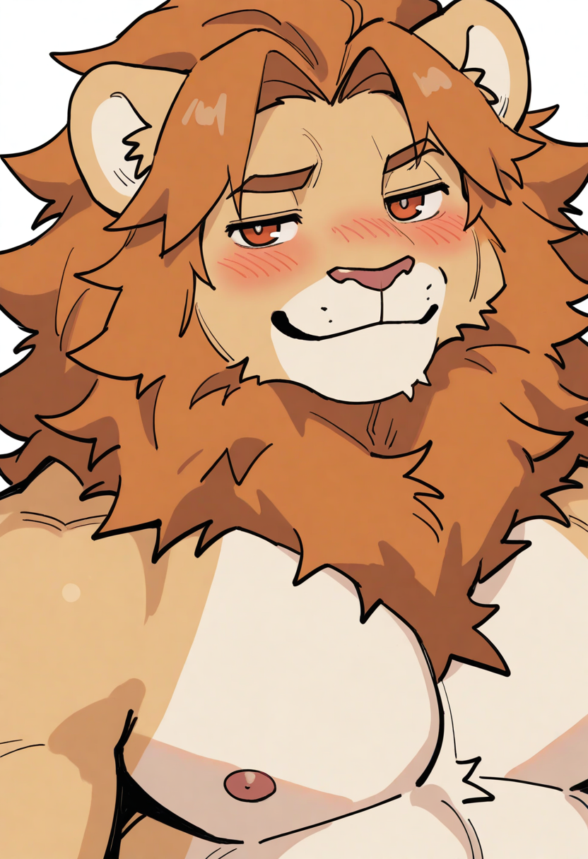 best quality, amazing quality, very aesthetic, absurdres, newest,  by hemuchang, furry, solo, male, bara, short hair, lion, mane, blush, smug, seductive, <lora:Hemuchang_style_Illustrious:1>