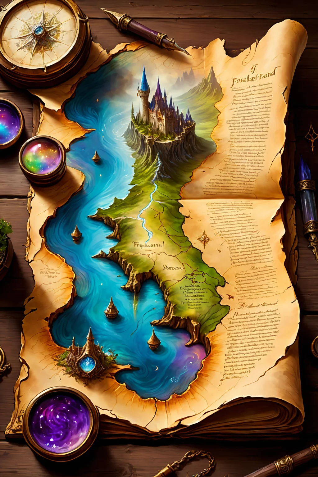 a magical map leading to FAELAND, torn and worn, sitting on a wizard's desk, spilled multicolored ink, high quality, imagination, 8k, fantasy art