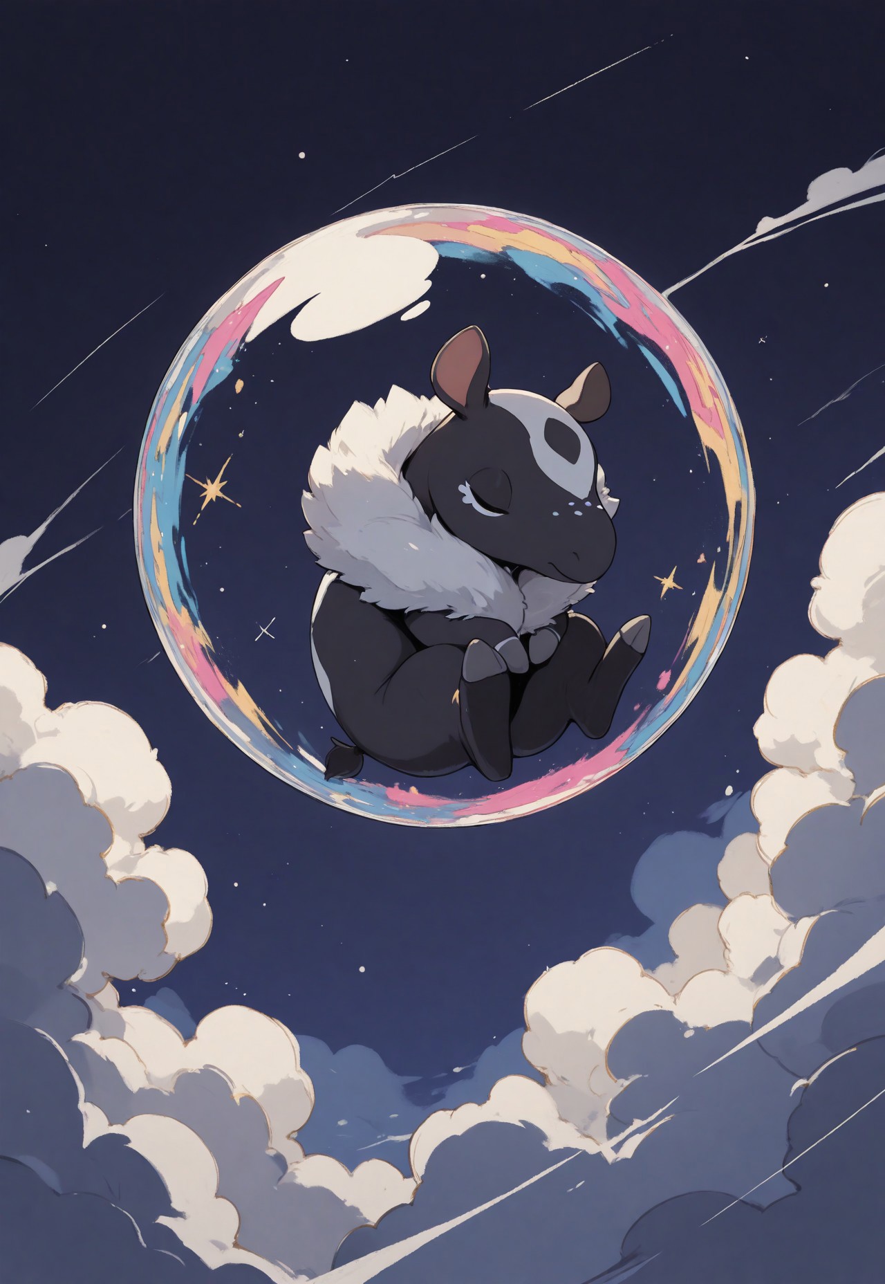 masterpiece, best quality,high quality, newest, highres,absurdres,  <lora:Sinozick_style-000019:1>, Sinozick_illu, masterpiece, solo, 1 tapir girl, Tap1r, tapir, fur around neck, furry, tapir ears, fully submerged, floating in liquid, floating, short tail, stubby tail, (in mid air), tiny sleeveless shirt, pelvic curtain, thick tail, lying on side, dreaming, curled into a ball, sleeping on fluffy cloud, bubbles floating about, (shimmering bubbles), within a giant bubble, cute, freckles:2, pose, eyes closed, sleeping,, knees up, from above , tiny cute feet, (close up:2), sharp eyes, cosmic cloud, sparkling clouds, engulfed in smoke:2,, curvy, wide hips, round ass, thin black outline, thin white outline, sharp detail, masterpiece ,amazing quality, intricate details , sometyome_illu ,xxx667_illu , reij-incs, soft palette, flowing hair, innerbubble,