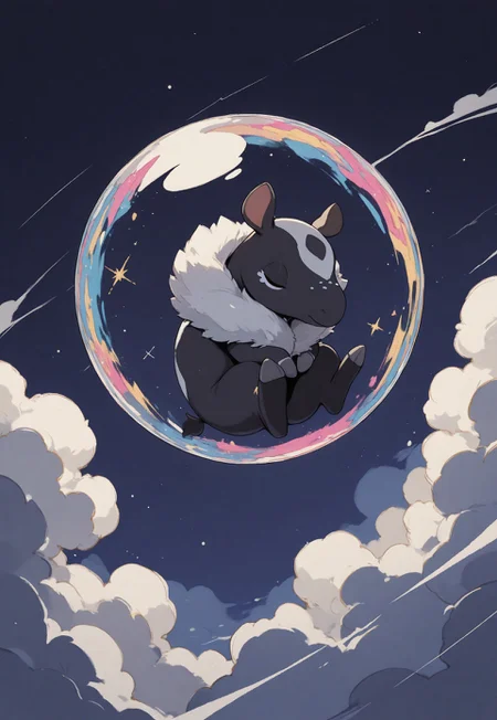 masterpiece, best quality,high quality, newest, highres,absurdres,  <lora:Sinozick_style-000019:1>, Sinozick_illu, masterpiece, solo, 1 tapir girl, Tap1r, tapir, fur around neck, furry, tapir ears, fully submerged, floating in liquid, floating, short tail, stubby tail, (in mid air), tiny sleeveless shirt, pelvic curtain, thick tail, lying on side, dreaming, curled into a ball, sleeping on fluffy cloud, bubbles floating about, (shimmering bubbles), within a giant bubble, cute, freckles:2, pose, eyes closed, sleeping,, knees up, from above , tiny cute feet, (close up:2), sharp eyes, cosmic cloud, sparkling clouds, engulfed in smoke:2,, curvy, wide hips, round ass, thin black outline, thin white outline, sharp detail, masterpiece ,amazing quality, intricate details , sometyome_illu ,xxx667_illu , reij-incs, soft palette, flowing hair, innerbubble,