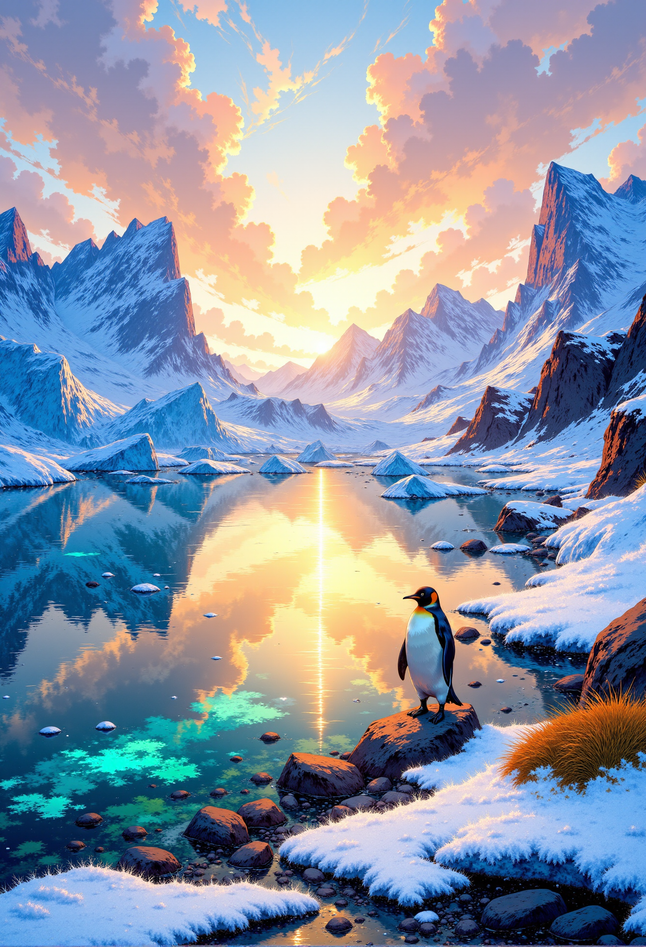 <lora:Vibrantly_Sharp_style_v.5:0.8> Antarctic Shore â Eternal Summer Light. A breathtaking Antarctic summer scene where the low-hanging sun bathes the icy coastline in a golden glow, casting long, soft shadows over the pristine landscape. The tranquil, glassy waters reflect a mesmerizing blend of pale gold, icy blue, and delicate rose hues, merging seamlessly with the vast, cloud-brushed sky. Towering icebergs with crystalline surfaces glisten in the distance, their jagged forms catching the warm light. Along the rocky shoreline, patches of moss and hardy lichen add a touch of life to the frozen wilderness. Gentle waves ripple against the ice-strewn coast, while a lone penguin stands at the water's edge, gazing out at the endless horizon, embodying the serene, untouched majesty of the Antarctic under its fleeting summer sun.