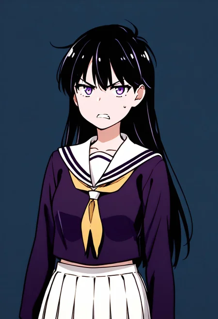 Score_9, Score_8_up, Score_7_up, source_anime, highly detailed, 1girl ,long hair, black hair, (purple eyes:1.1),skirt, school uniform, pleated skirt, serafuku, white skirt, shirt, purple shirt, sailor collar, white sailor collar, long sleeves, neckerchief, yellow neckerchief, angry