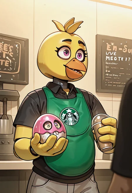 masterpiece, best quality, amazing quality, very aesthetic, absurdres, newest, detailed background, foreground blur, ((cartoon, , ))
chica, 1girl, beak, bib, joints, animatronic
StarbuckXL,, mad, holding egg, massive egg, employee uniform, green apron, black shirt, collared shirt, short sleeves, pants, starbucks siren (symbol),,