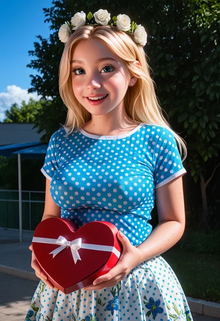score_9, score_8_up, score_7_up, realistic, realism, HD, perfect quality, 16k, very detailed, realistic lighting, photo, photorealistic, realistic detailed face, BREAK, 1girl, (((equestria girls show:0.3))), (((good_hands))), (((bedroom eyes, (light smile:0.5)))), BREAK, (Riley_Andersen, 1girl, skinny, ((blonde hair:1.5)), blue eyes, mint hairpin), eye_focus, ((medium breasts, huge ass)), (bedroom eyes), (wide hips:1.4), (sweaty skin:1.0), looking at viewer, nervous, seductive, sensual, medium body size, slightly small neck, plumb body, voluptuous hips and thighs, curvy body size, microwaist, (obese female:-1.2), (plump saggy breasts:1.2), (((dressed))), (feminine body, soft body:1.5), (((clothed covered breasts))), BREAK, (floral crown), (white shirt), (polka-dot_shirt), (white skirt), (polka-dot_skirt), BREAK, <lora:heart-shaped-box-ponyxl-lora-nochekaiser:1>, heart-shaped box, holding, box, gift, valentine, incoming gift, closed eyes, blush, open mouth, outstretched arms, outdoors, night sky, clouds, shouting, classroom, serafuku