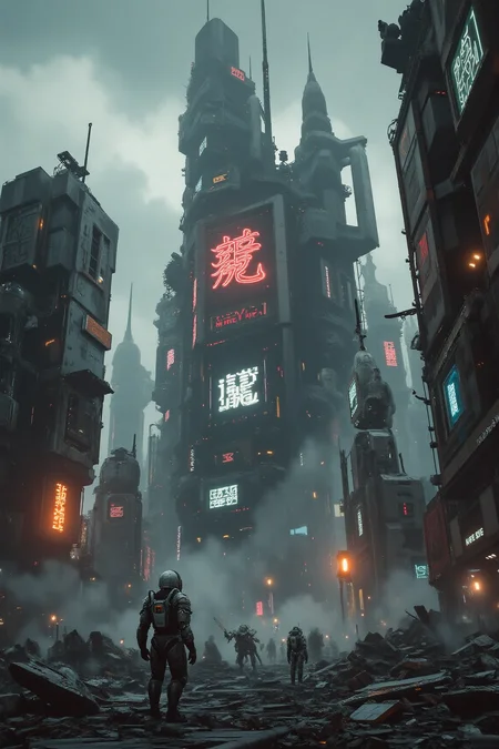 YFG-Sm0rg, YFG-Zaat, A wide-angle view of a dystopian city, where broken, tech-infused landscapes stretch into the distance. The skyline is dominated by tall, crumbling towers, their neon signs flickering and glitching. In the foreground, characters in torn cybernetic armor wander through the debris, illuminated by the cold, digital glow of malfunctioning streetlights. The atmosphere is heavy with fog and digital distortion, with the sky filled with fragmented clouds of data. The overall mood is dark and ominous, with a palette of muted grays, blues, and occasional bursts of neon red, giving the scene a foreboding and decayed feeling
