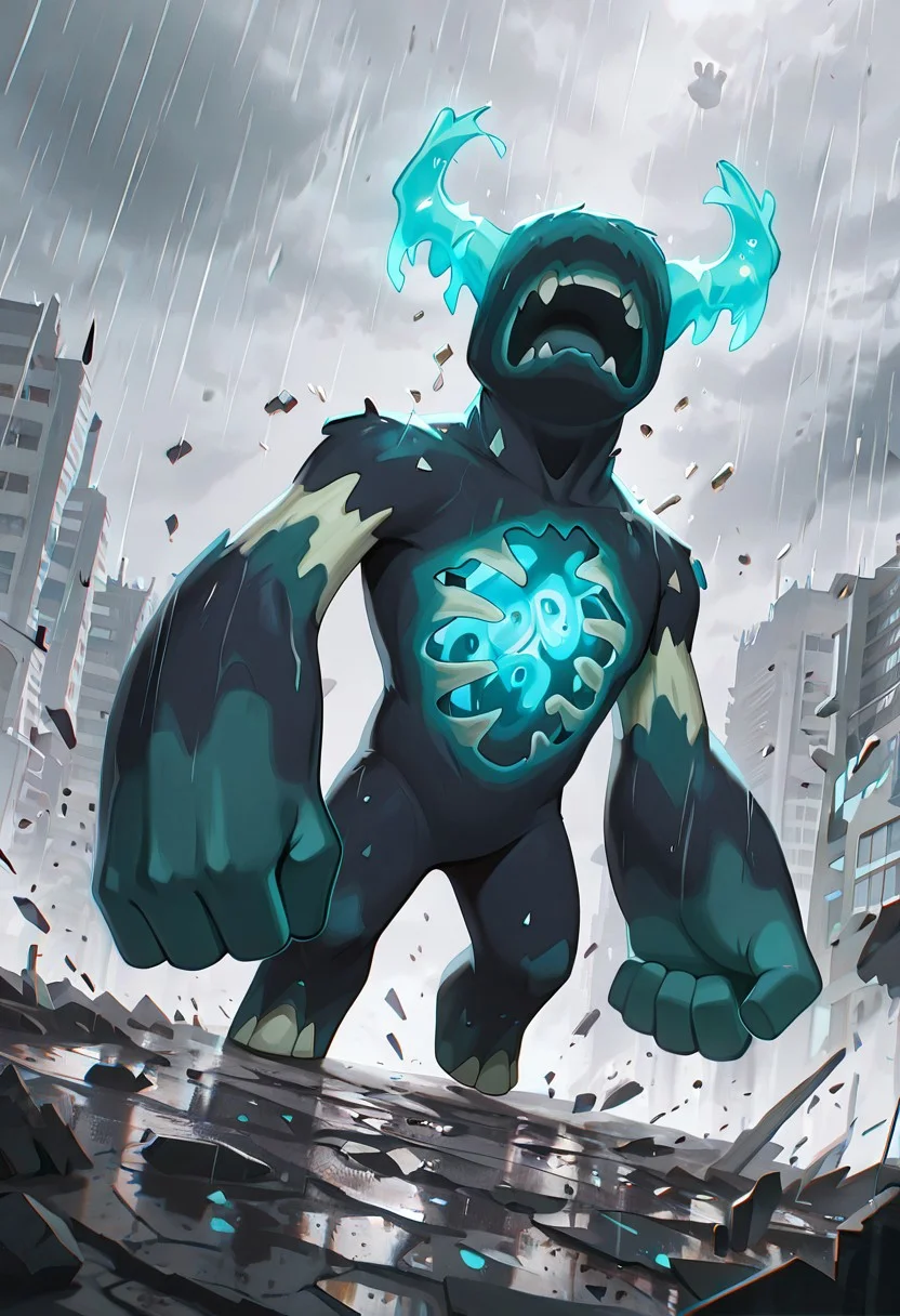masterpiece, best quality, amazing quality, very aesthetic, absurdres, newest, detailed background, foreground blur, volumetric lighting, sharp, 4k, hd,
warden, glowing horns, standing, solo, monster, open mouth, creature, teeth, no eyes, pokemon (creature), ribs, colored skin, ((wide head, big head,)),, no teeth, no humans, big arms, no hands, no wrists, wide body, no teeth,
, dynamic angle, daytime ,destroyed city, grey sky, heavy rain, raining, gloomy sky, punching ground, broken earth, shattered, broken road, floating debris