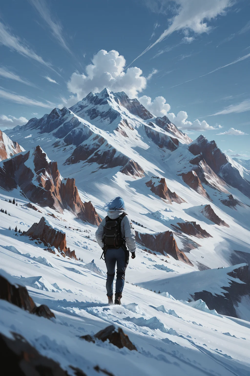 1girl, solo, standing, outdoors, sky, cloud, blue sky, day, cloudscape, mountains, hiking, mount everestA  painting of a person standing on a rocky mountain peak, overlooking a majestic mountain range with snow-capped peaks and a glacier in the foreground. the person is silhouetted against the bright blue sky, which is filled with fluffy white clouds. the mountain range is dominated by a snow-covered peak in the middle of the image, and the glacier is visible in the background, creating a stunning contrast between the pristine white snow and the deep blue hues of the surrounding mountains. the overall mood of the painting is awe-inspiring, with the person standing alone in awe of the beauty of the landscape. masterwork, masterpiece, best quality, detailed, depth of field, , high detail, best quality, very aesthetic, 8k, dynamic pose, depth of field, dynamic angle, adult, aged up