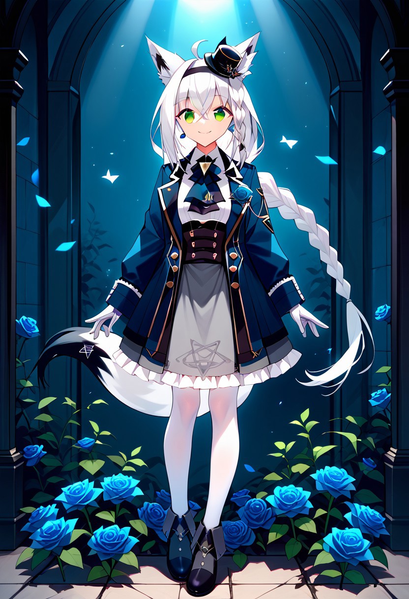 score_9,score_8_up,score_7_up,source_anime, SHIRAKAMI_FUBUKI,1girl,solo,long hair,looking at viewer,smile,bangs,skirt,shirt,gloves,long sleeves,hat,animal ears,hair between eyes,jewelry,green eyes,standing,jacket,tail,full body,white shirt,braid,flower,ahoge,white hair,pantyhose,sidelocks,hairband,earrings,frills,open clothes,collared shirt,virtual youtuber,white gloves,black footwear,open jacket,animal ear fluff,fox ears,ascot,single braid,fox tail,rose,frilled skirt,blue jacket,fox girl,corset,grey skirt,white pantyhose,blue flower,fashion,braided ponytail,mini hat,blue rose,pentagram,blue ascot,